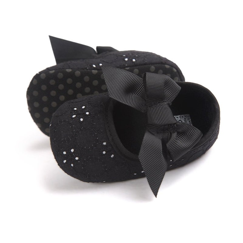 Estamico Baby Girls Princess Bowknot Soft Sole Cloth Crib Shoes Sneaker Black, 3-6 Months - Image 1